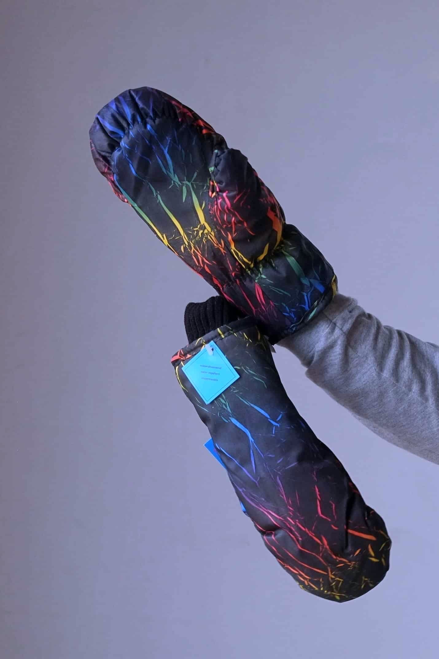 90's Print Ski Mittens black with neon streaks worn on hands