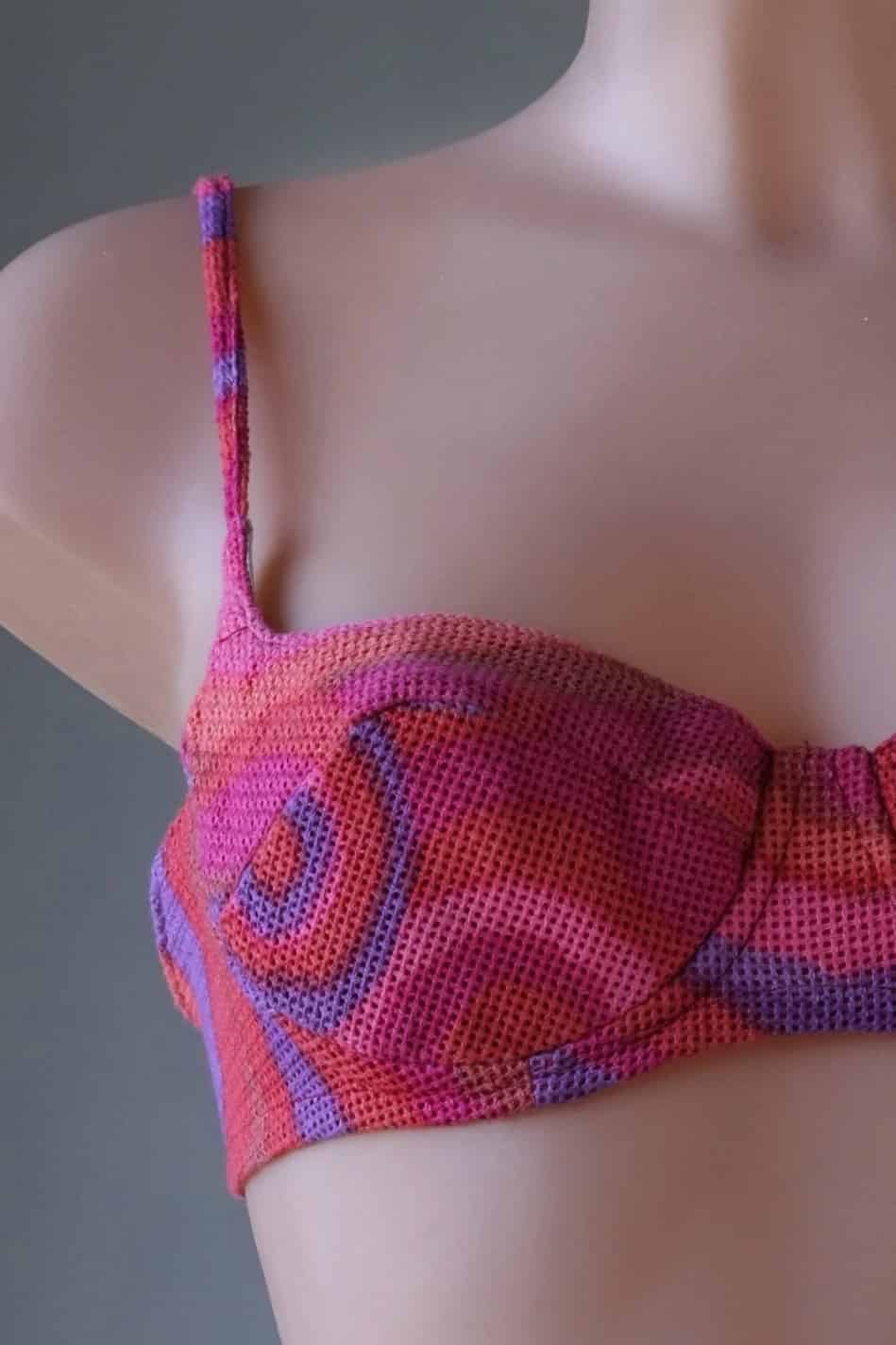Close up of Multi pink pattern  Vintage 60's Crochet Bikini on mannequin