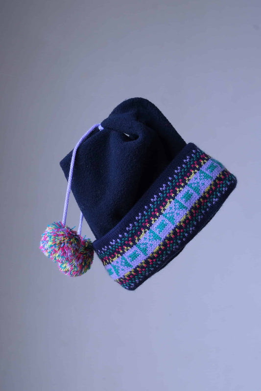 FLEECE Kids Pompom Beanie navy with colorful cuff