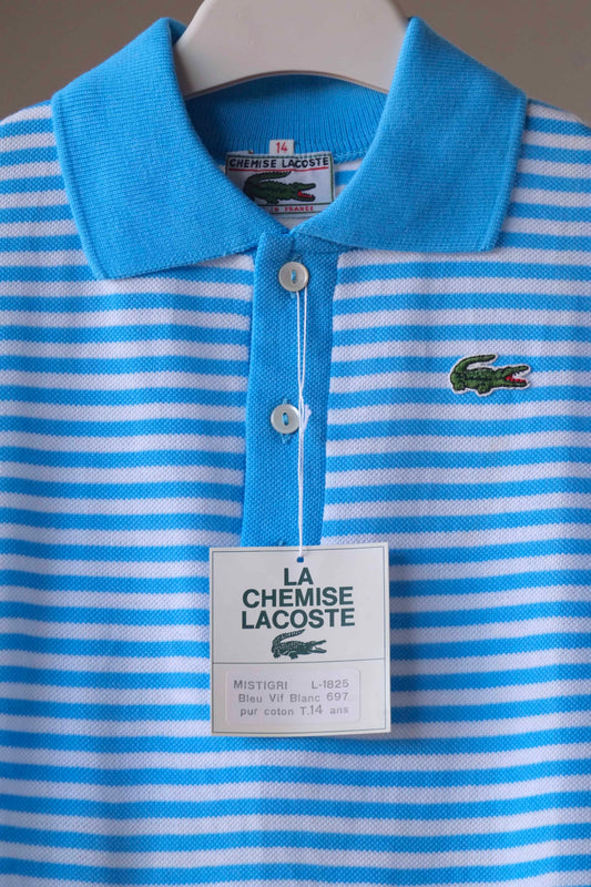 LACOSTE Kids Polo in white and bright blue stripes on hanger with paper label showing