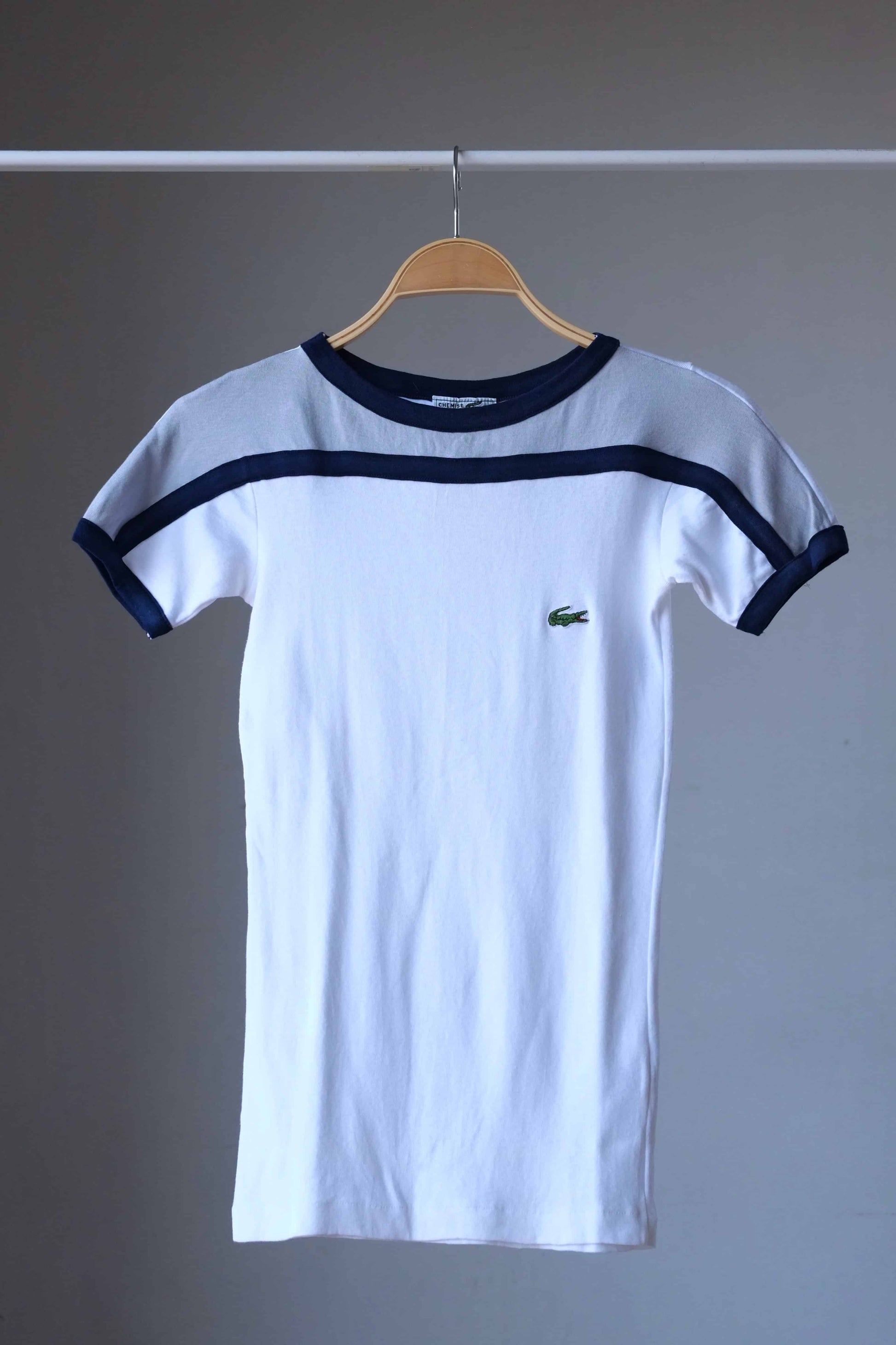 LACOSTE Women T-shirt in white with grey and a navy line on the chest and arms, on hanger
