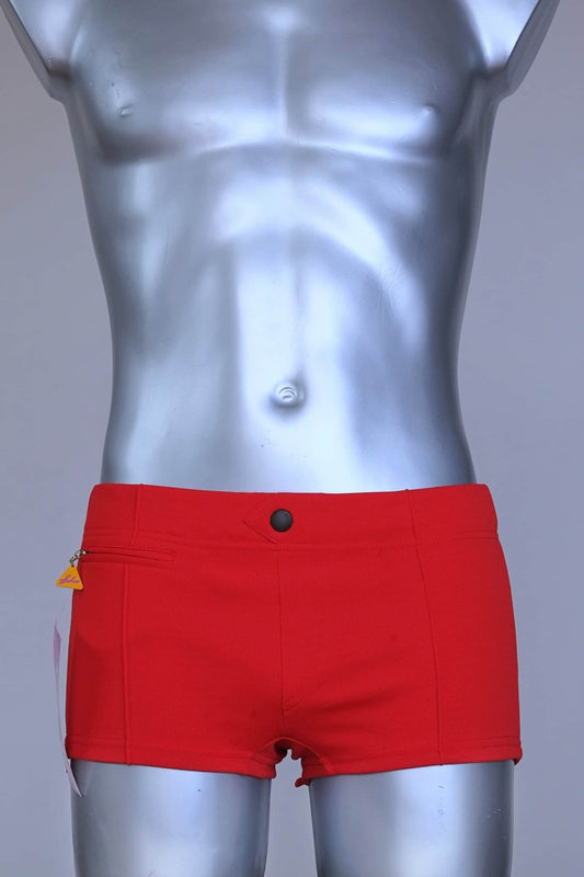 Front view of red Lahco vintage 60s swim trunks (Mataro model) on silver mannequin, showing zip pocket and snap waistband.