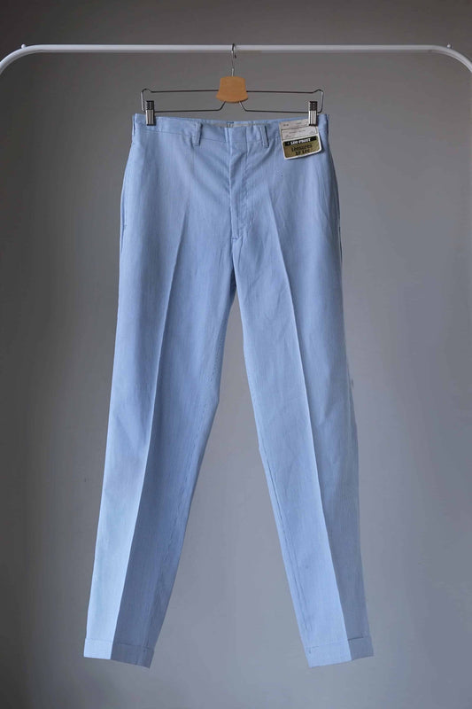 LEE Prest Vintage 60's Classic Pinstripe Cord Slacks in white and blue, photographed on hanger