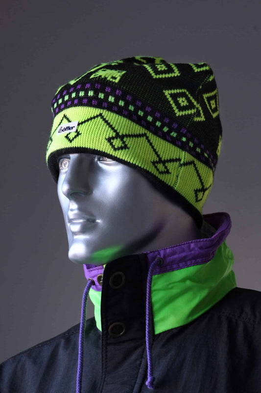 LÖFFLER Vintage 90's Ski Hat black and neon yellow on mannequin