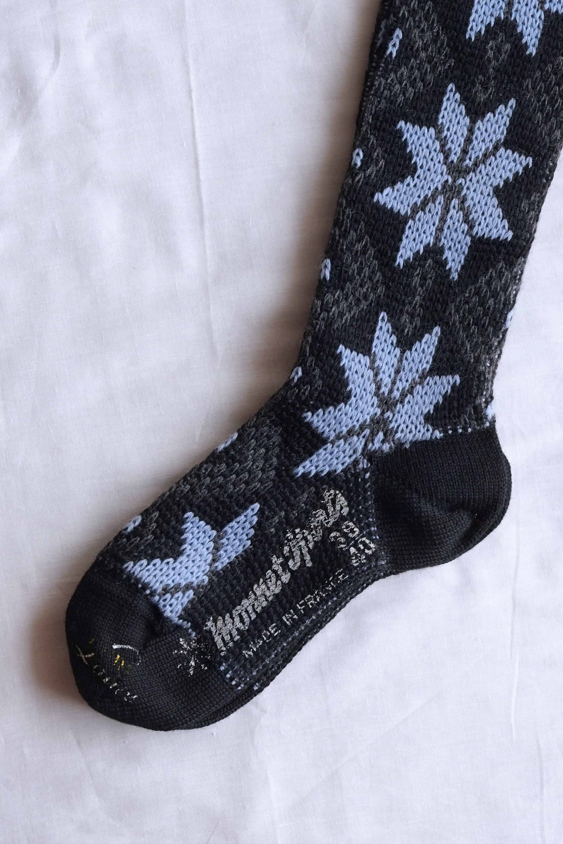 Close view of black and blue Vintage Knee high Jacquard Socks