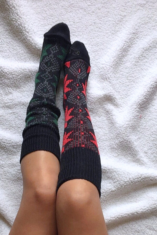 Mismatched Vintage Knee High Jacquard Socks worn on model