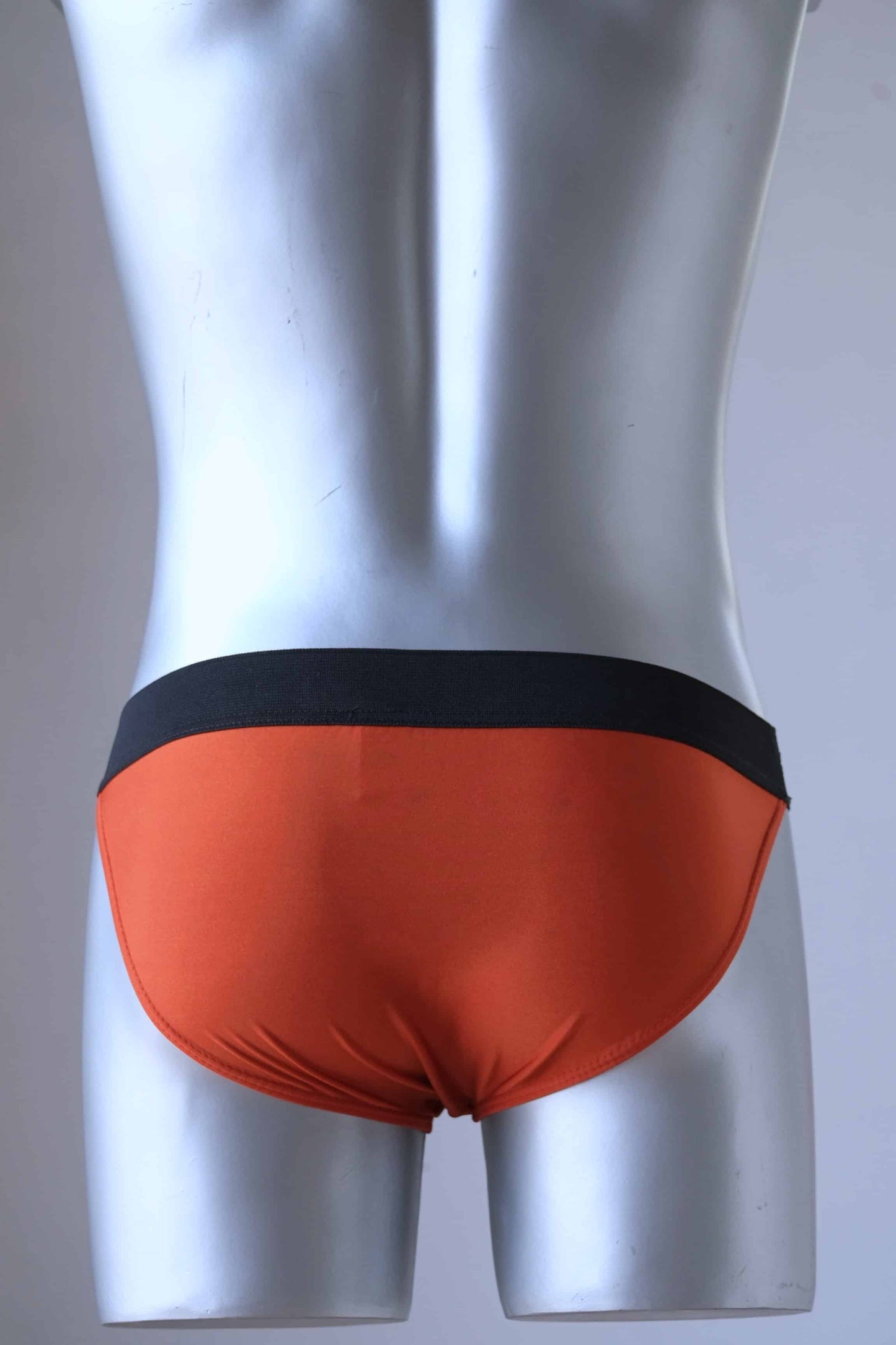 Monsieur Orchidée Vintage 1980's Micro Swim Briefs in brick color worn by a mannequin photographed from the back.