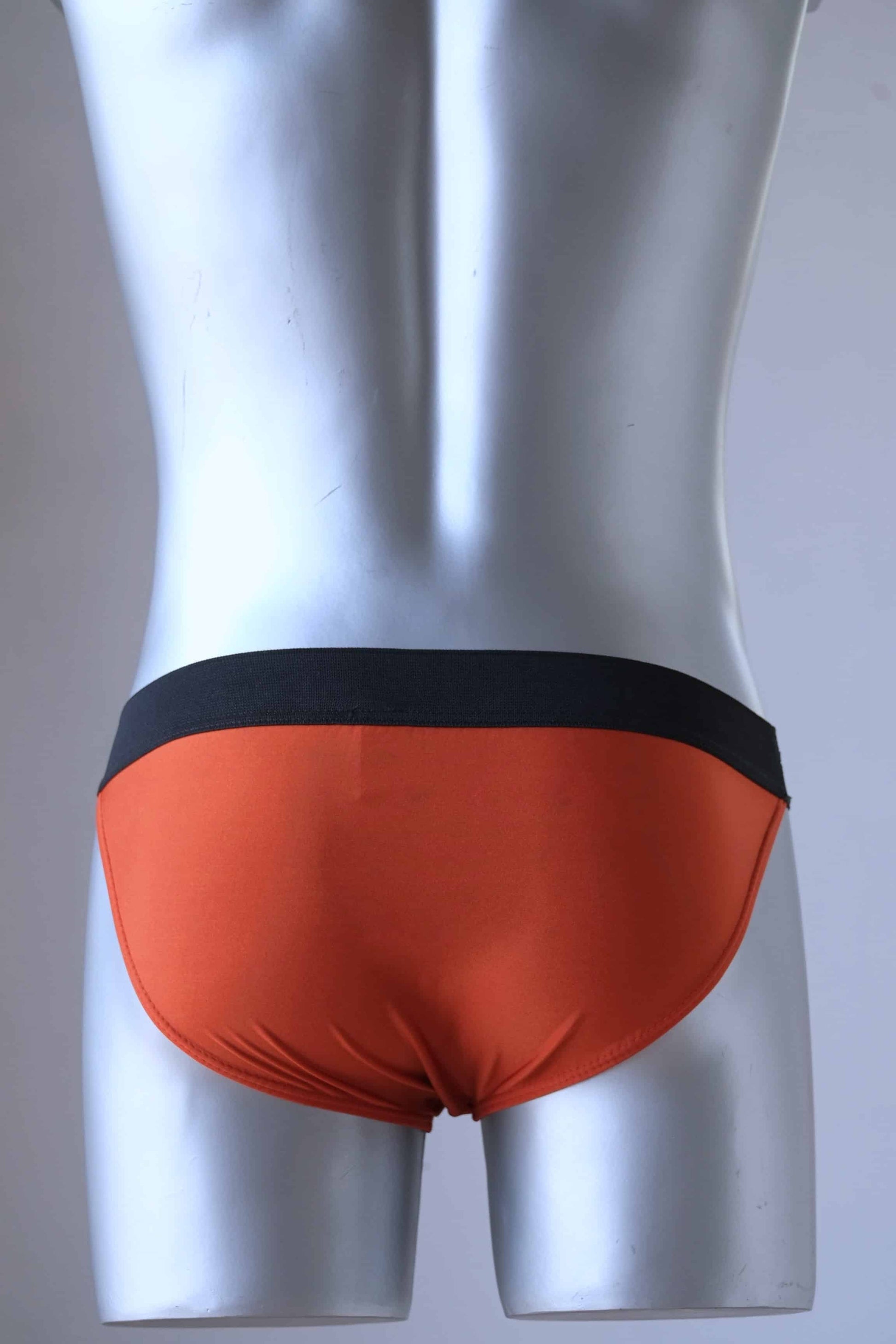 Monsieur Orchidée Vintage 1980's Micro Swim Briefs in brick color worn by a mannequin photographed from the back.