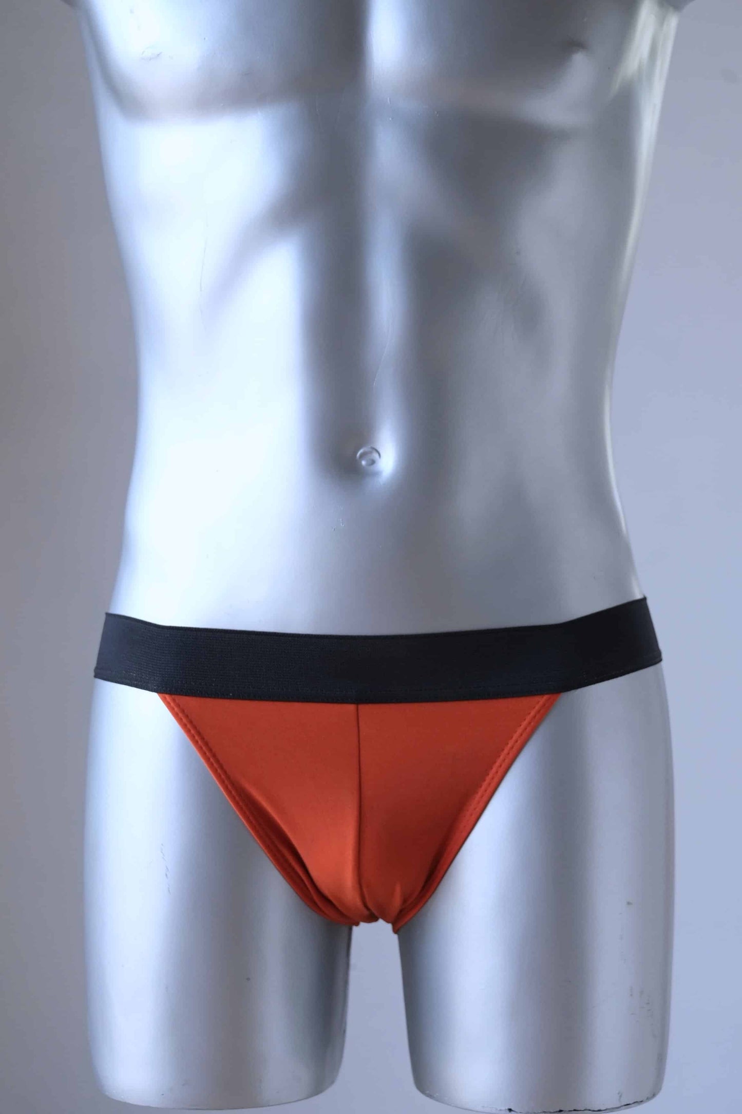 Monsieur Orchidée Vintage 1980's Micro Swim Briefs for Men in brick color worn by a mannequin