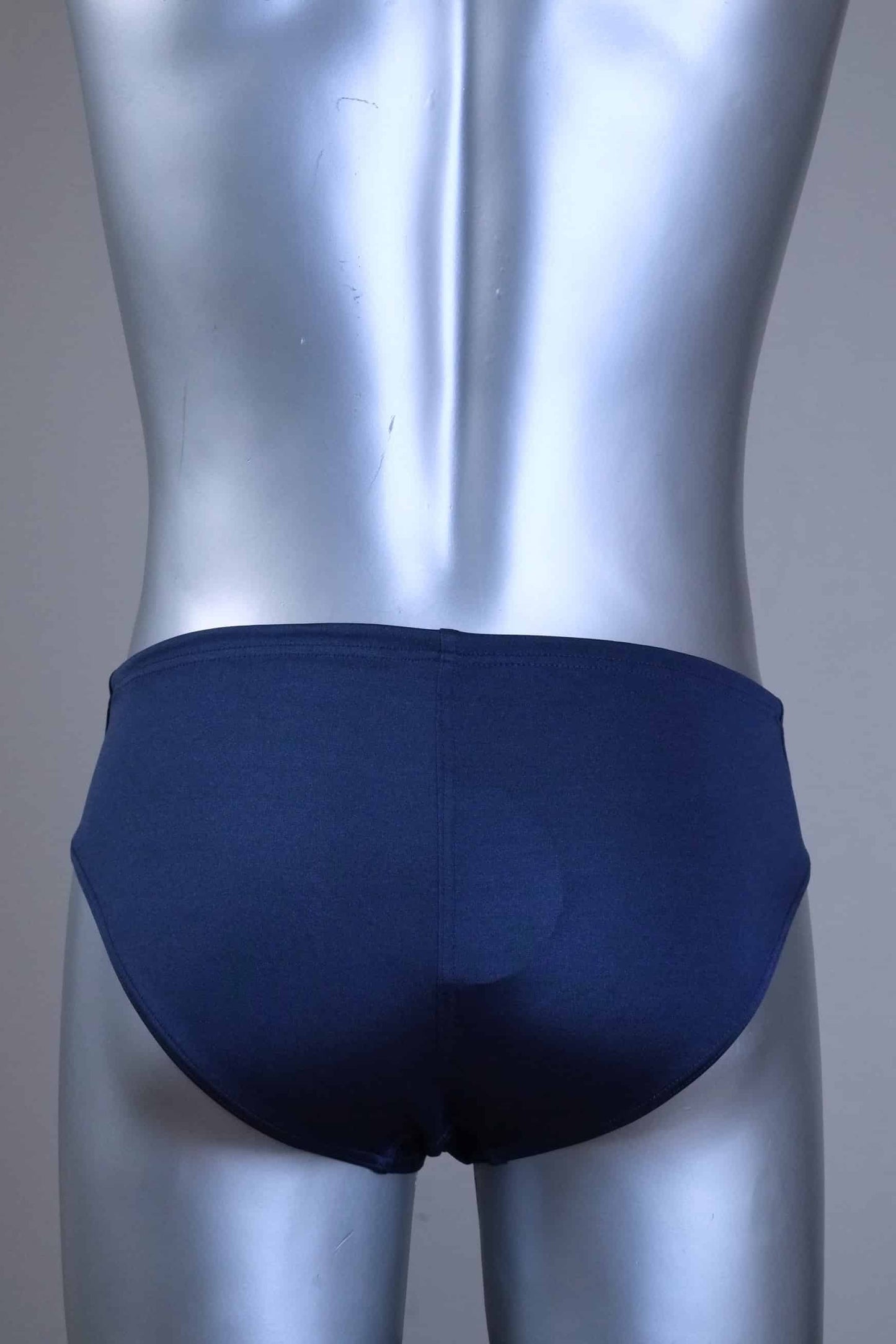 Back view of a pair of SOLAR vintage 70s swim briefs in navy shown on a silver mannequin