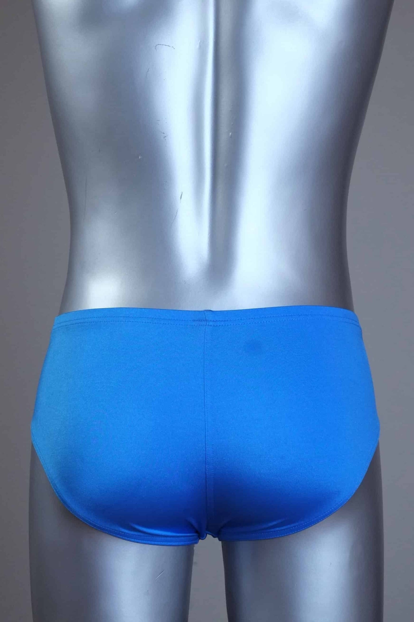 Back view of a mannequin wearing a pair of vintage 70s blue swim briefs with a visible brand logo on a gray background