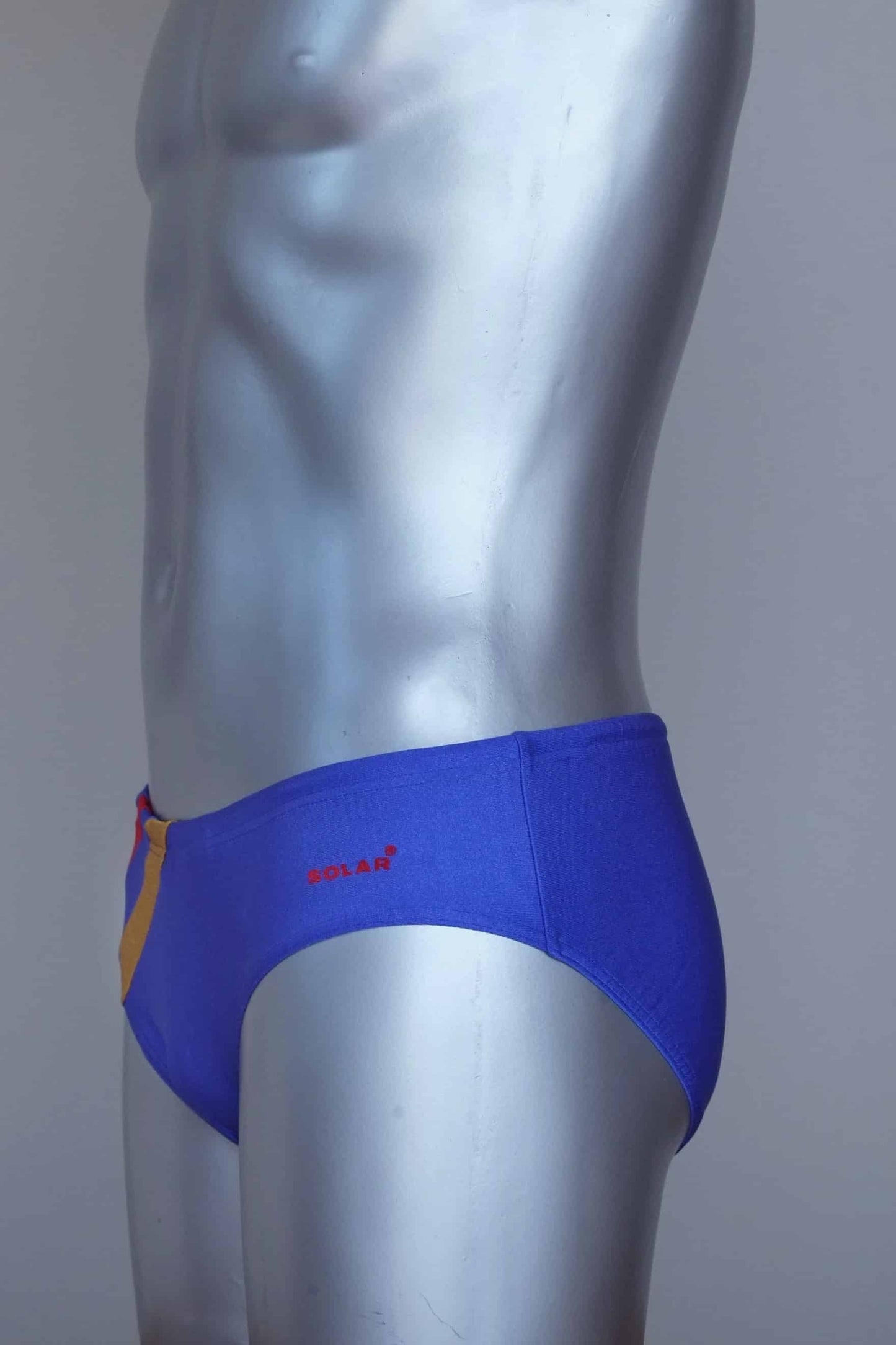 Side view of a Vintage solar Blue men's swim briefs on a silver mannequin against a grey background.