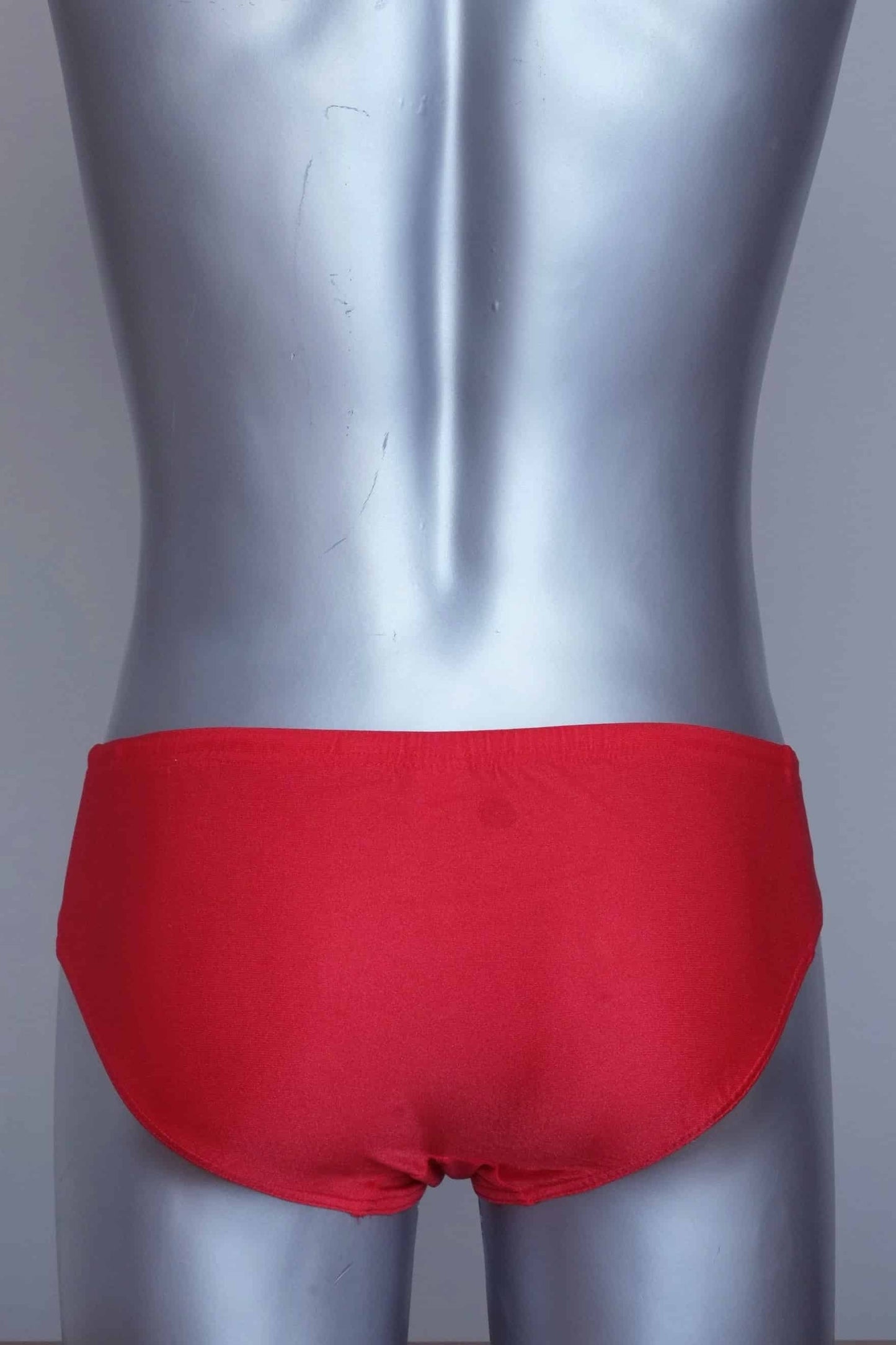 Back view of a Vintage solar red men's swim briefs on a silver mannequin against a grey background.