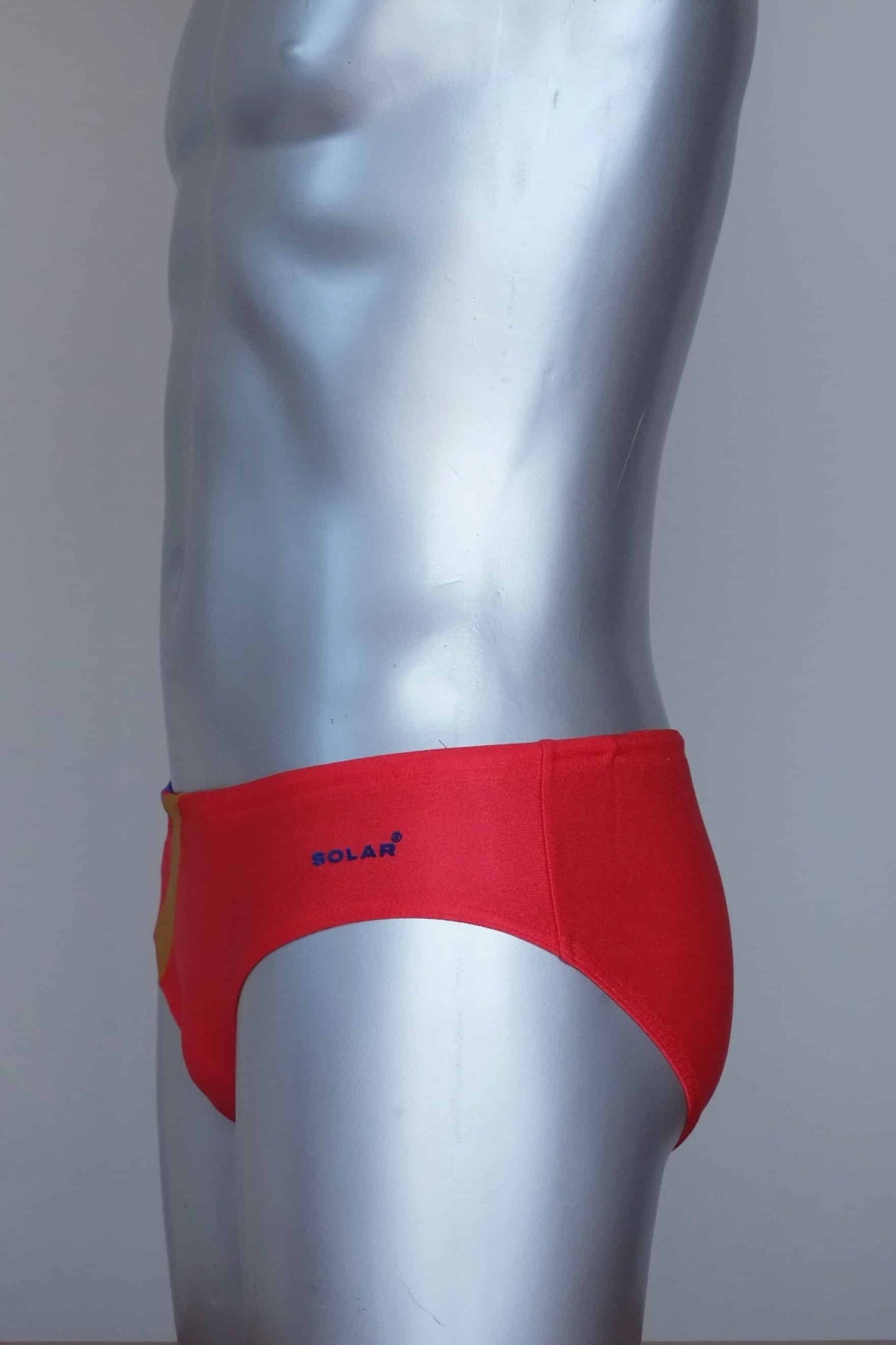 Side view of a Vintage solar red men's swim briefs on a silver mannequin against a grey background.