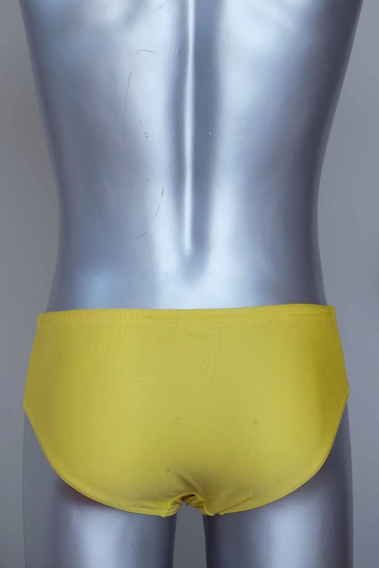 Back view of a Vintage solar yellow men's swim briefs on a silver mannequin against a grey background.