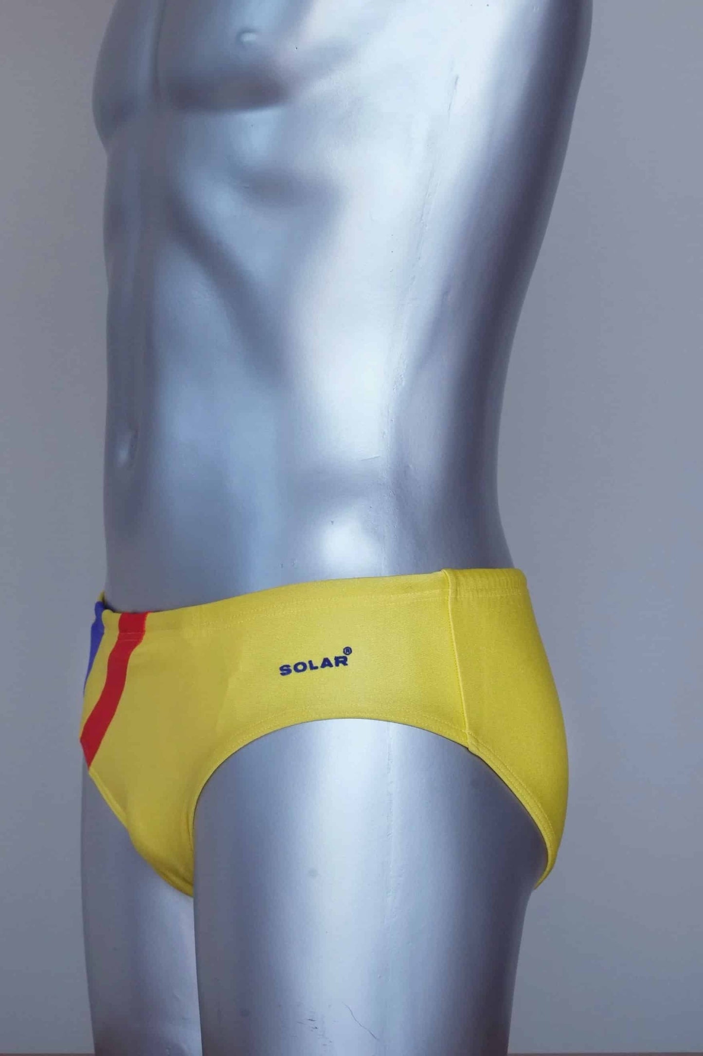 Side view Vintage solar yellow men's swim briefs with red and yellow stripes on a silver mannequin against a grey background.