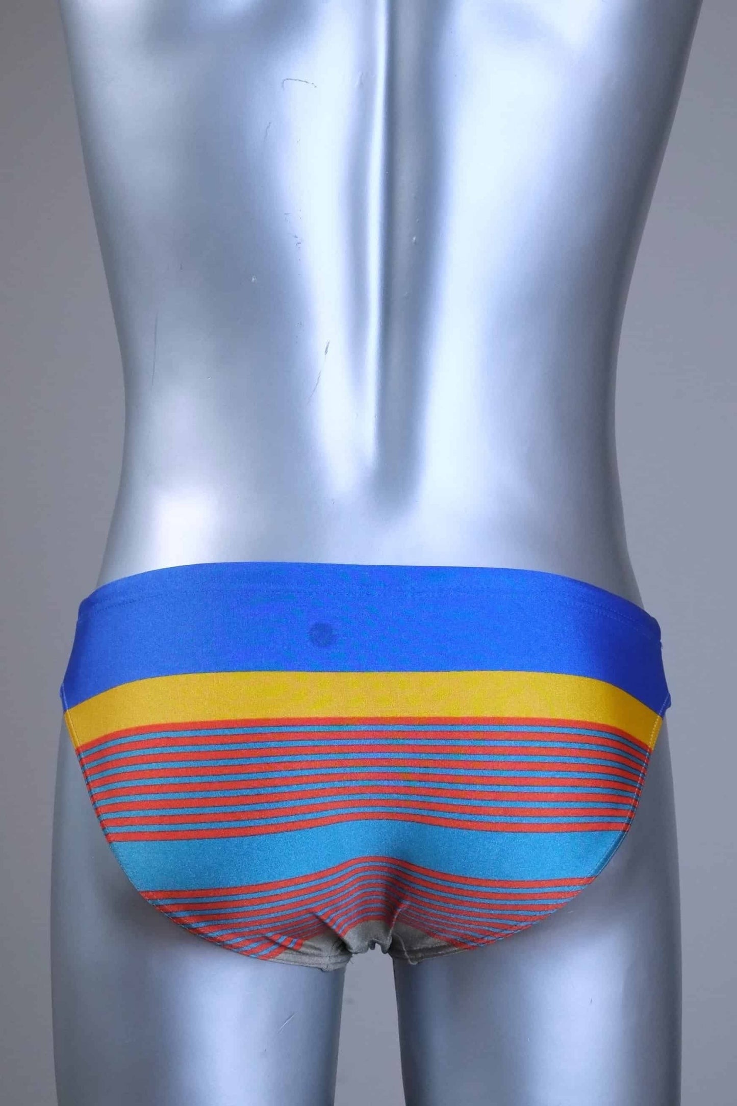 Back view of a Vintage Colorful men's swim briefs with brand logo on a metallic mannequin against a gray background