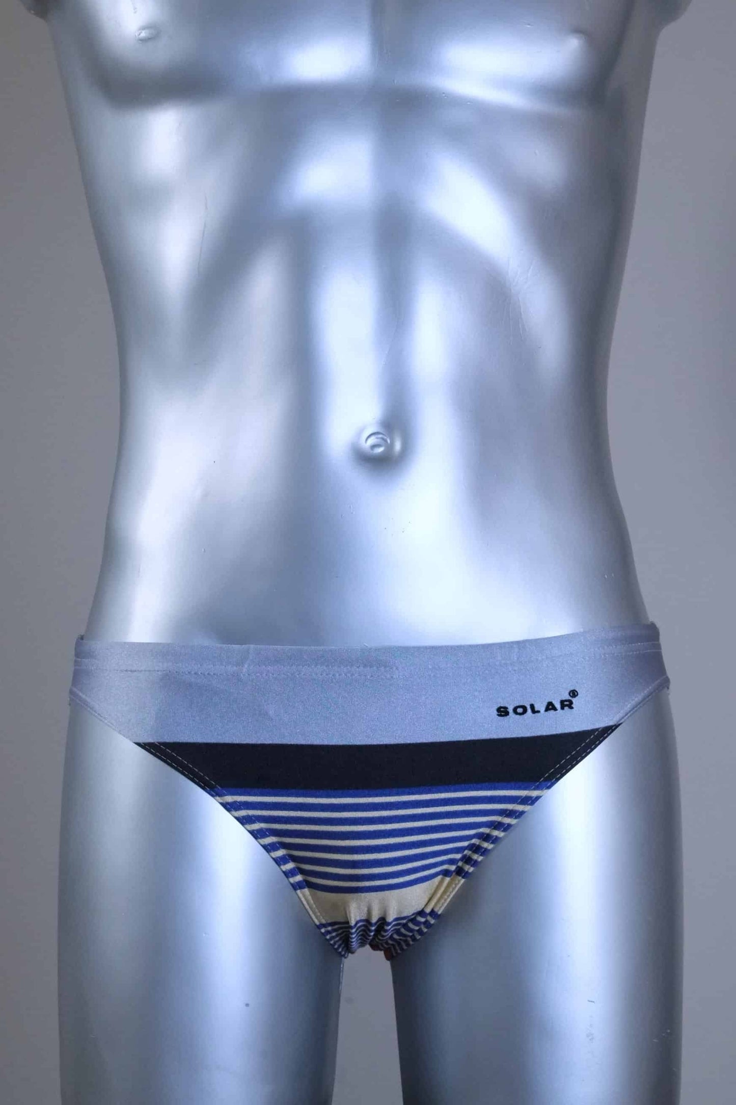 Vintage gray and black striped men's swim briefs with brand logo on a metallic mannequin against a gray background