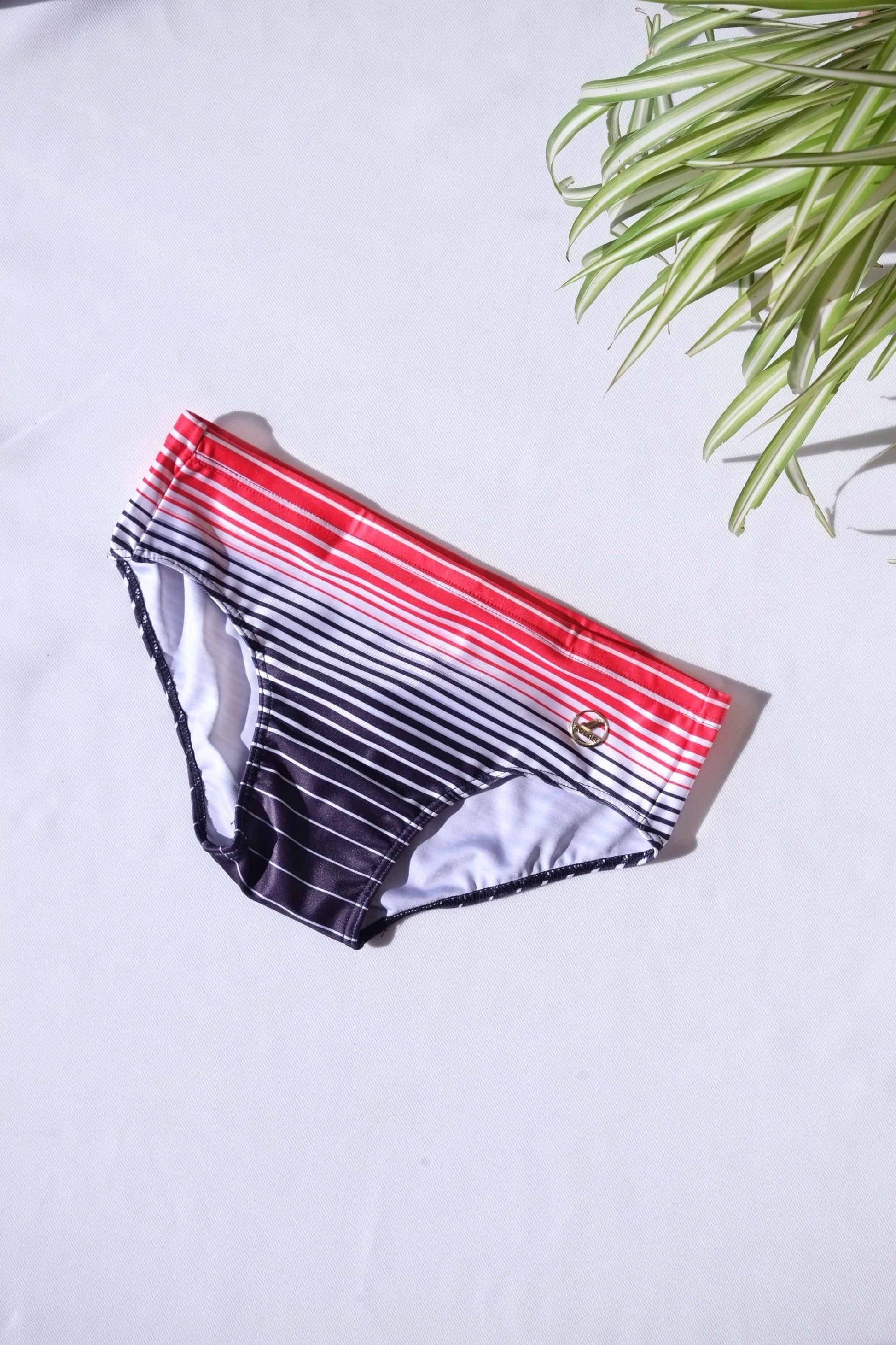 A single pair of SOLAR brand vintage 80s men's swim briefs featuring a red-to-black gradient horizontal stripe pattern.