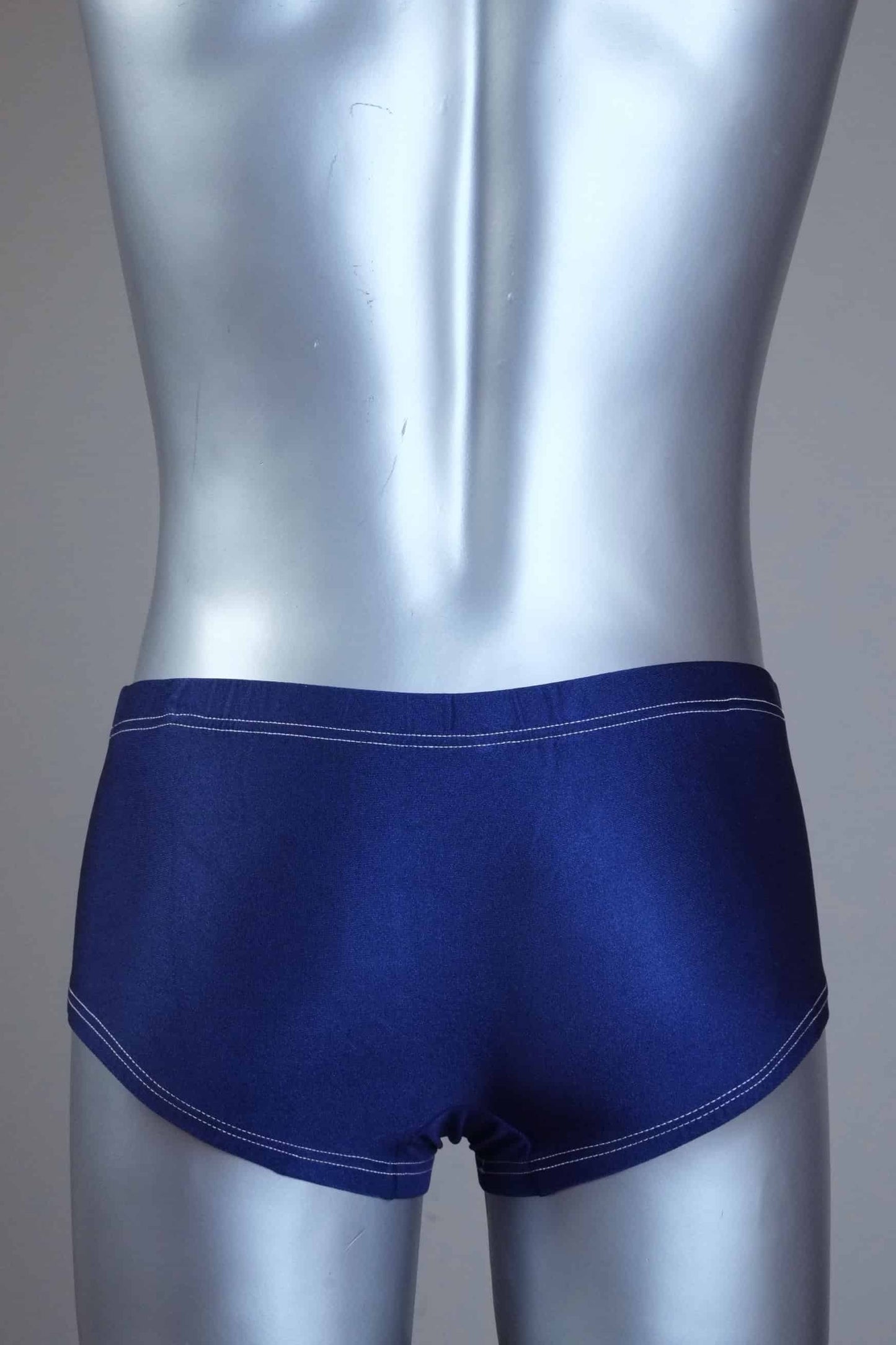 Back view of Vintage navy swim briefs on a silver mannequin against a gray background