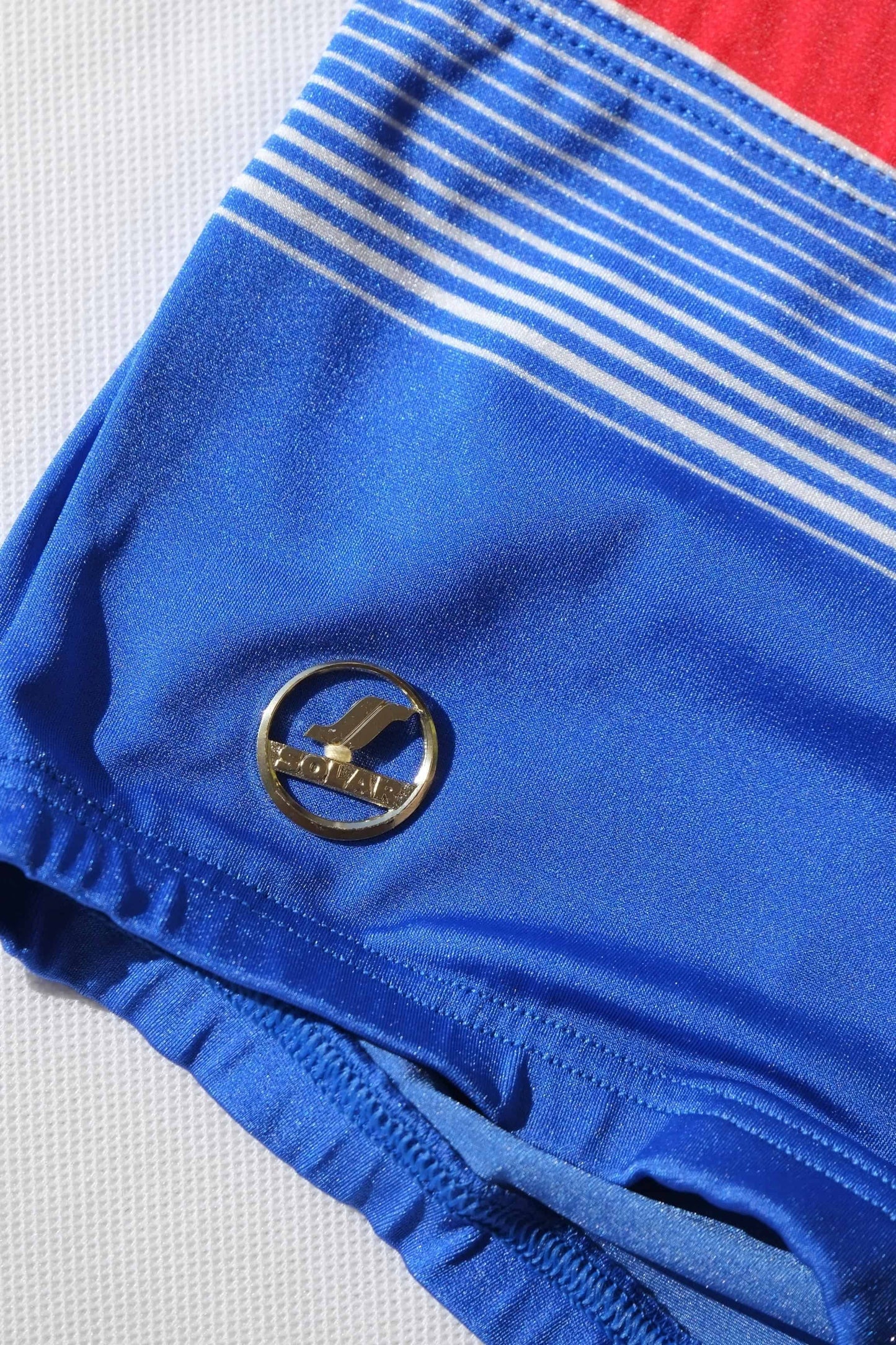 Blue swim briefs with a brand logo on a white background