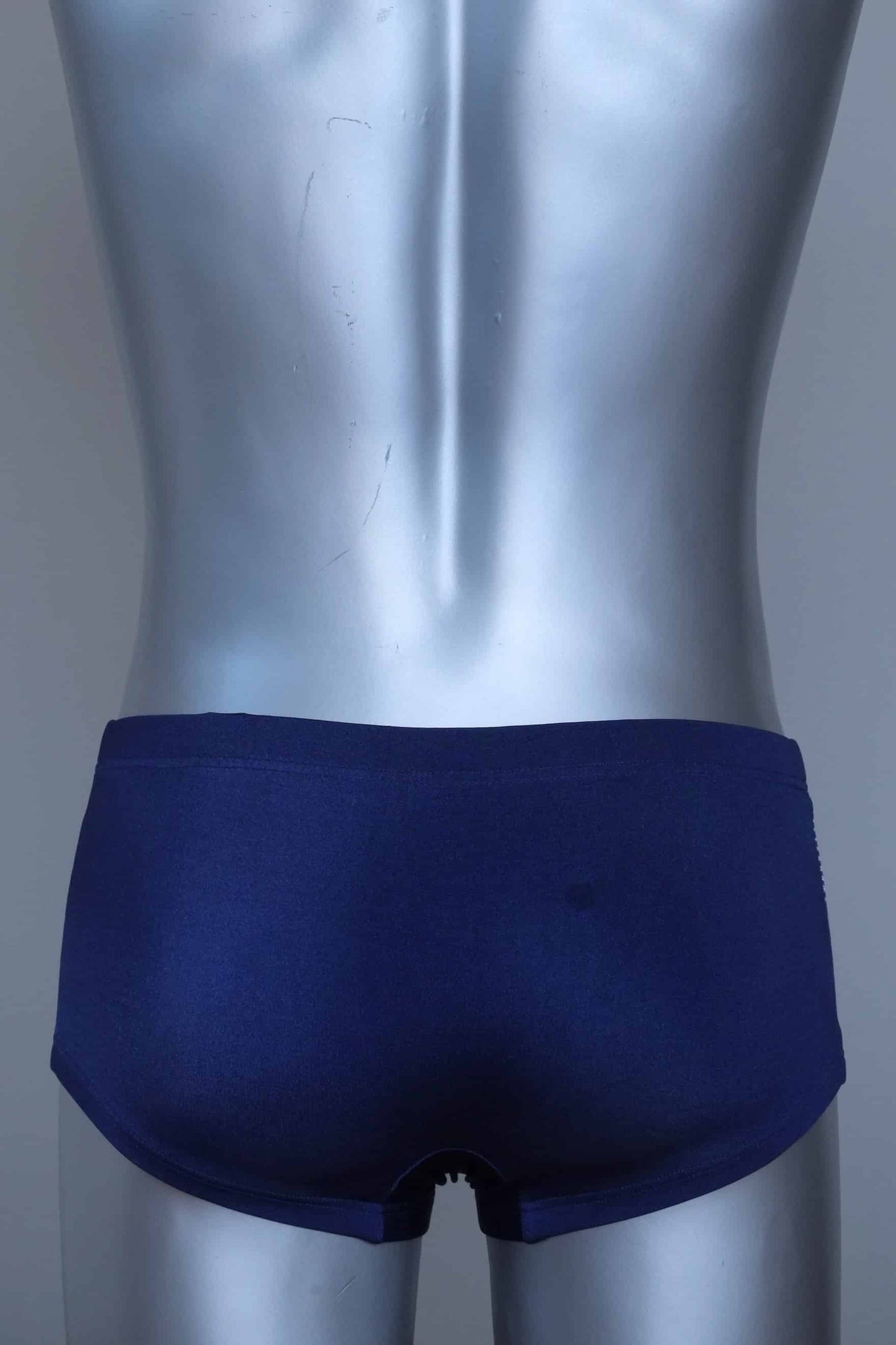 Back view of a Vintage navy and yellow striped men's swim briefs on a silver mannequin against a gray background