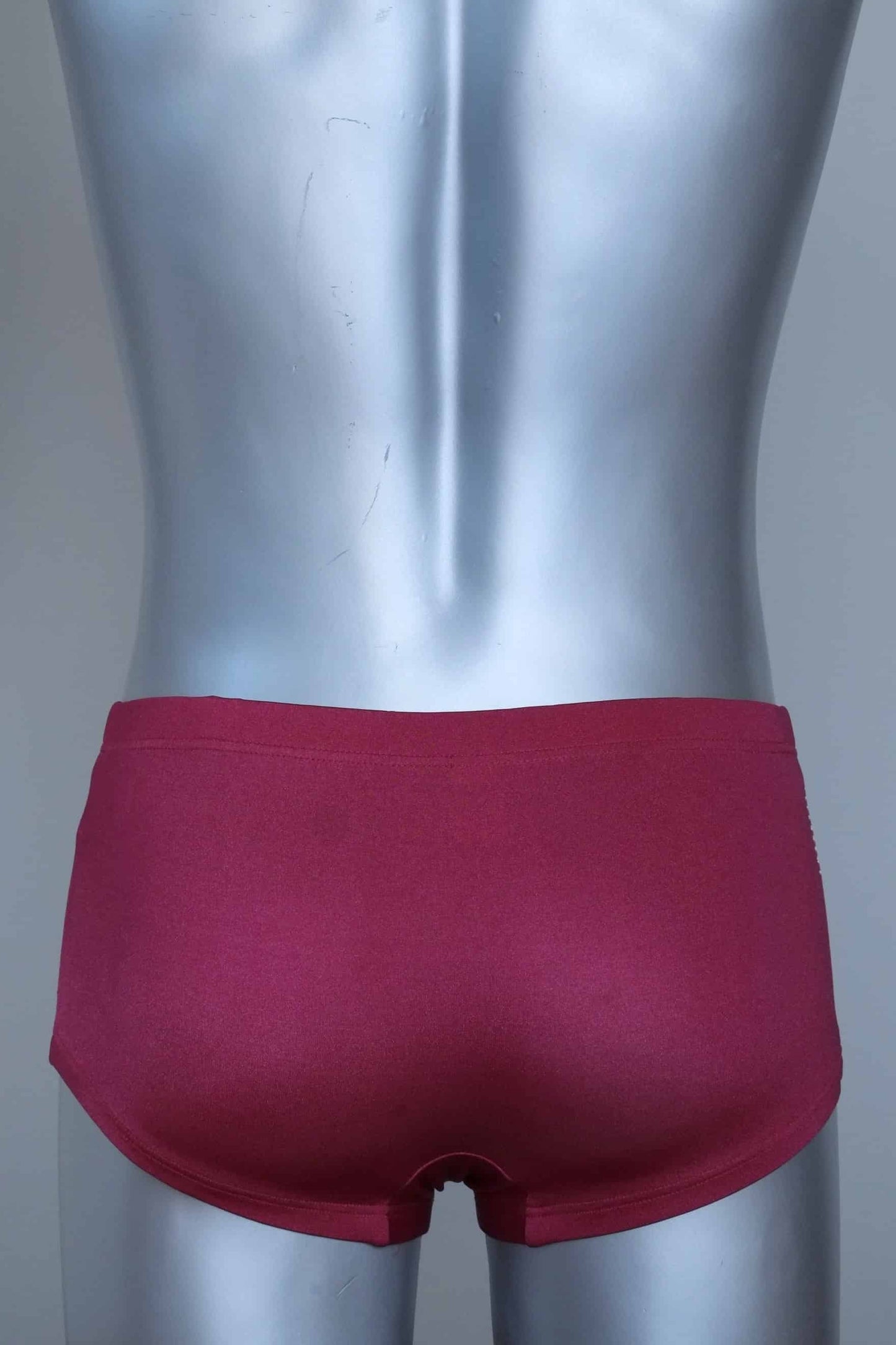 Back view of a Vintage burgundy and navy striped men's swim briefs on a silver mannequin against a gray background