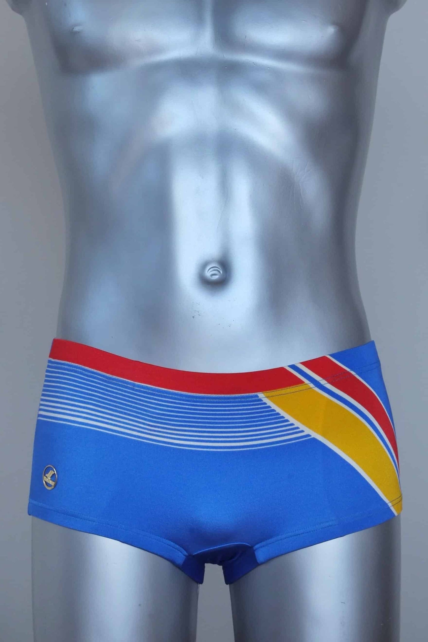 Vintage blue and yellow striped men's swim briefs on a silver mannequin against a gray background