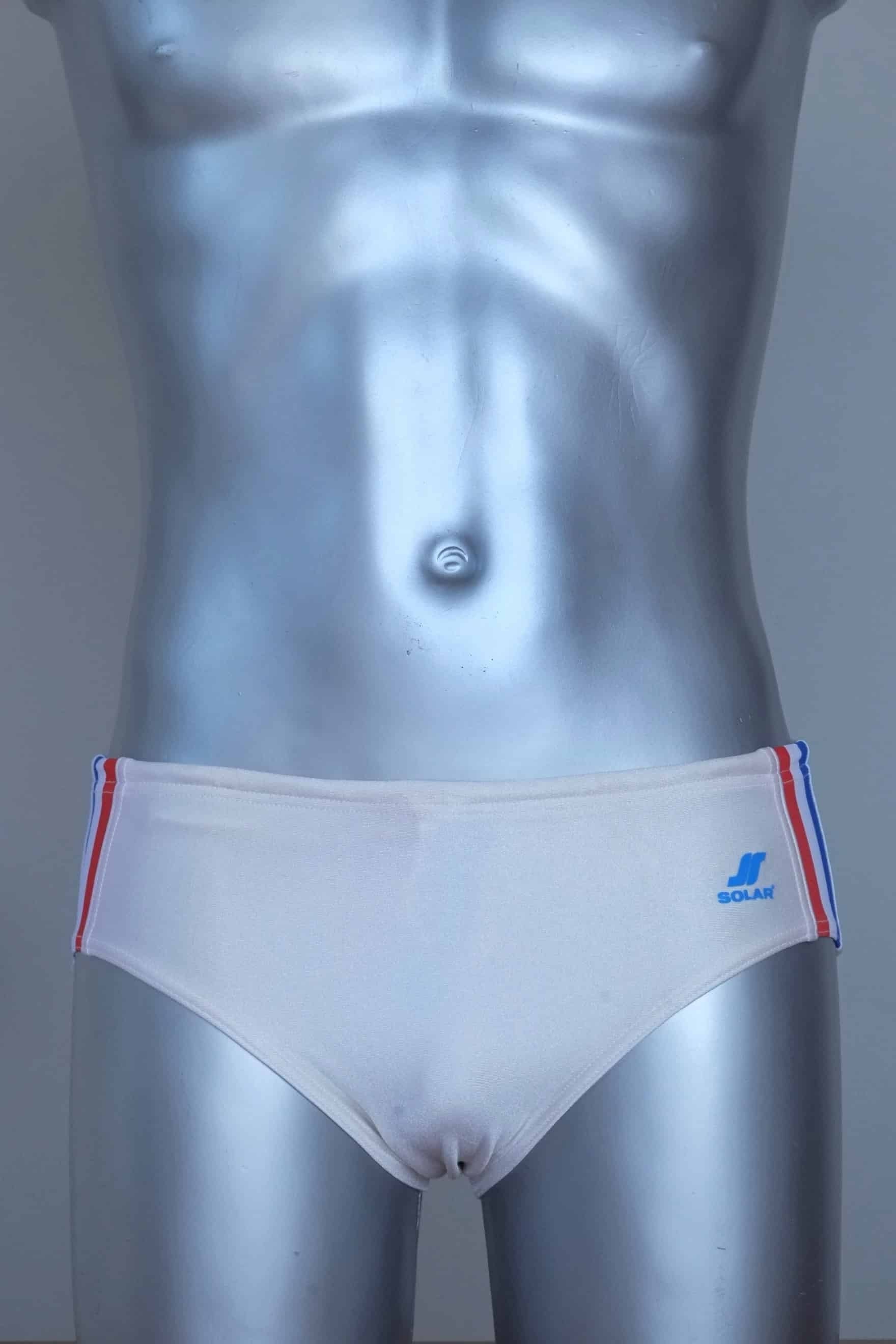White swim briefs with colorful side band on a mannequin against a gray background