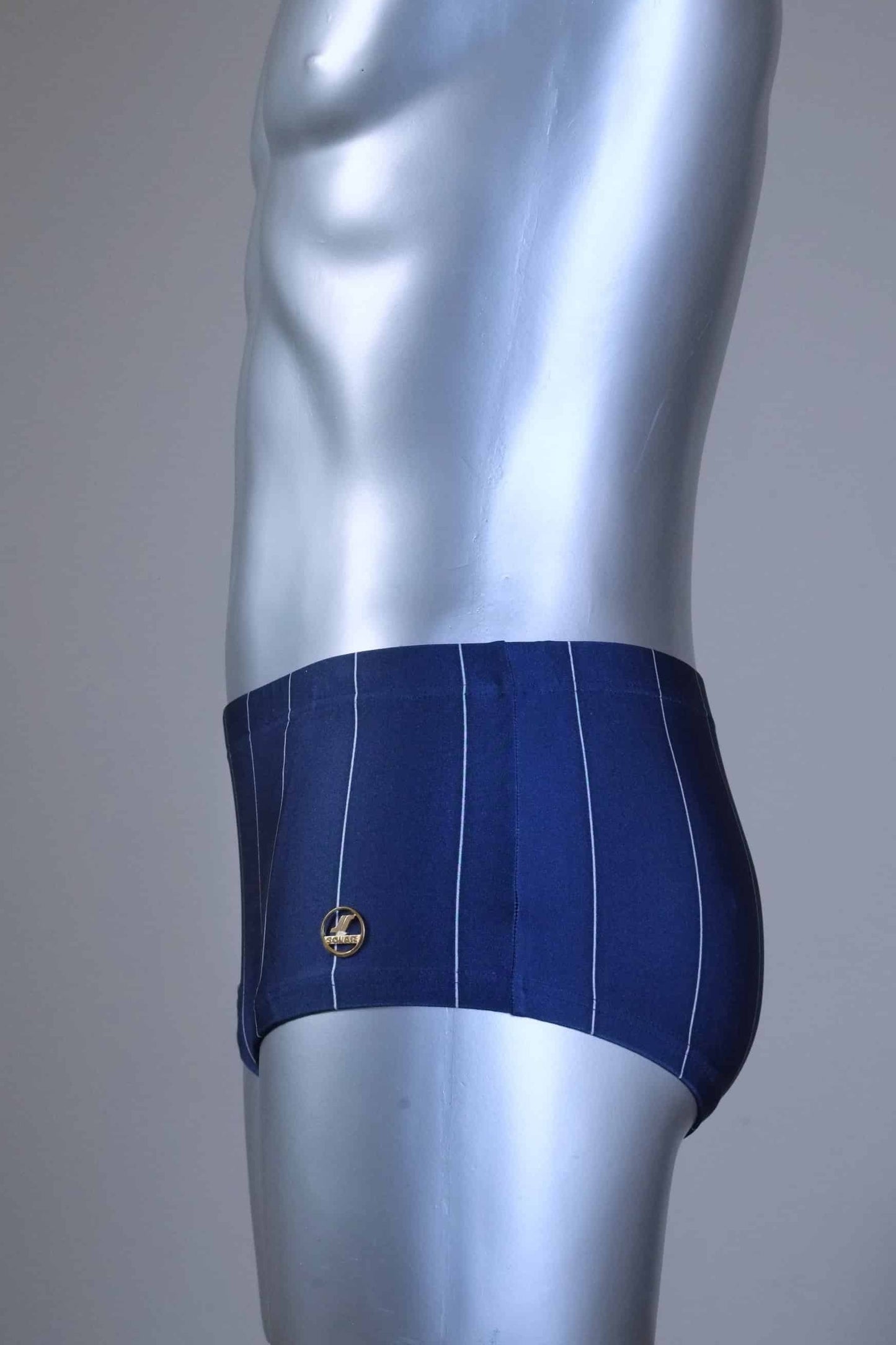 Side view of a Blue pinstripe swim briefs on a mannequin against a gray background