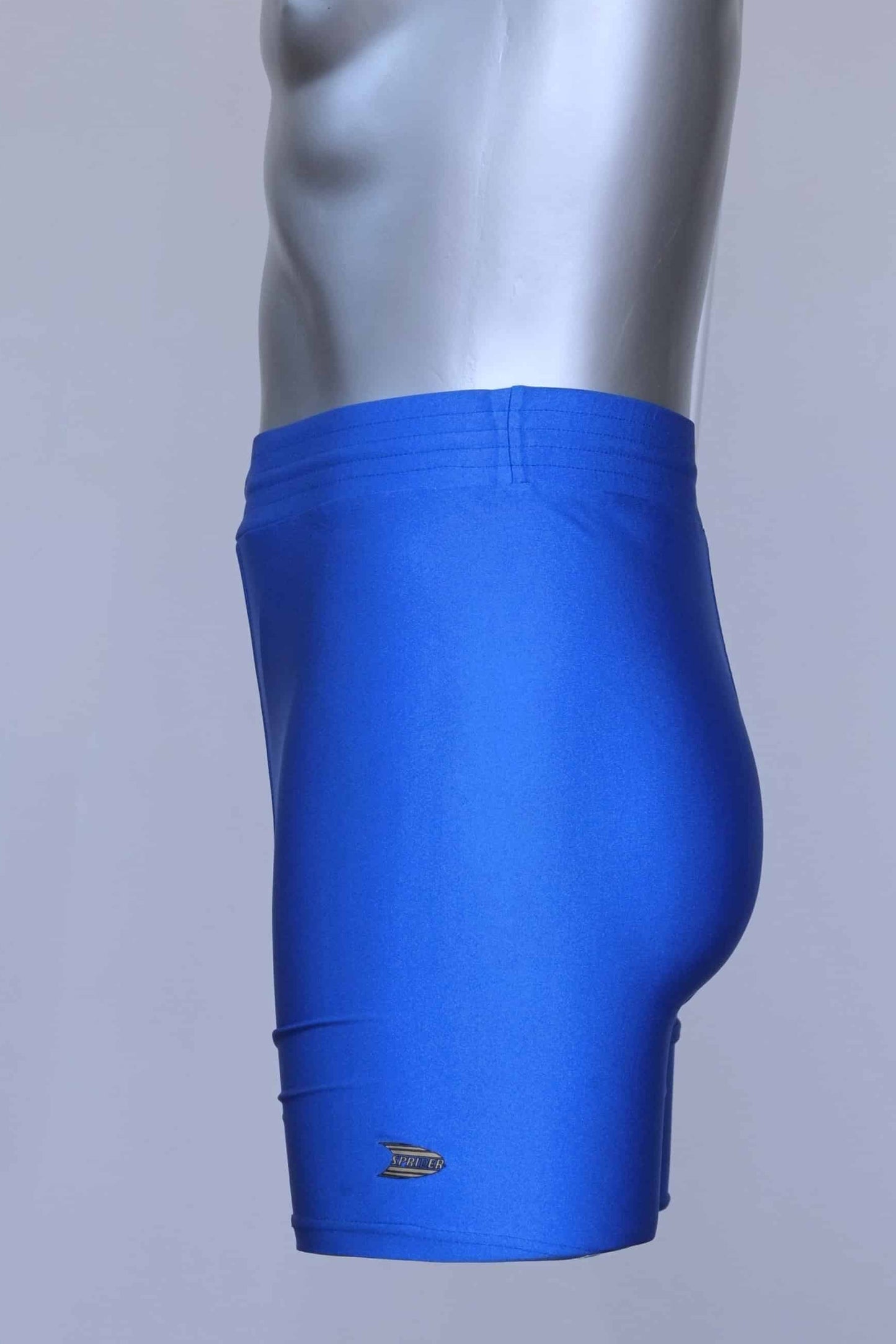 Left side view of the blue vintage Sprider swim trunks on a mannequin.