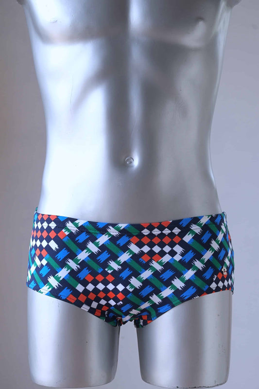 a mannequin wearing a pair of vintage geometric pattern swim briefs