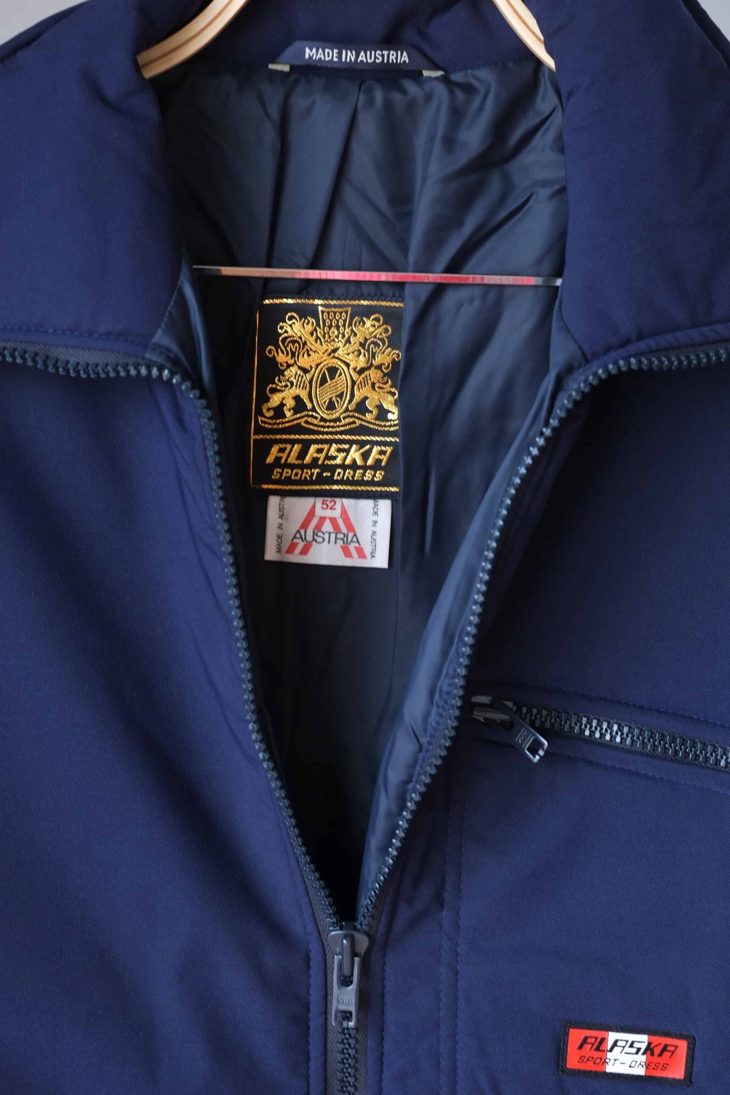 Close view of inside label of navy 70's Retro Ski Jacket