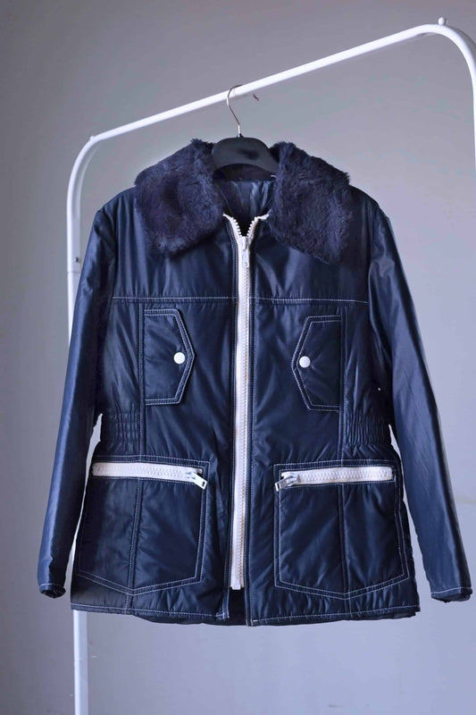 Navy JEAN BOURGET 70's Retro Snow Jacket on hanger