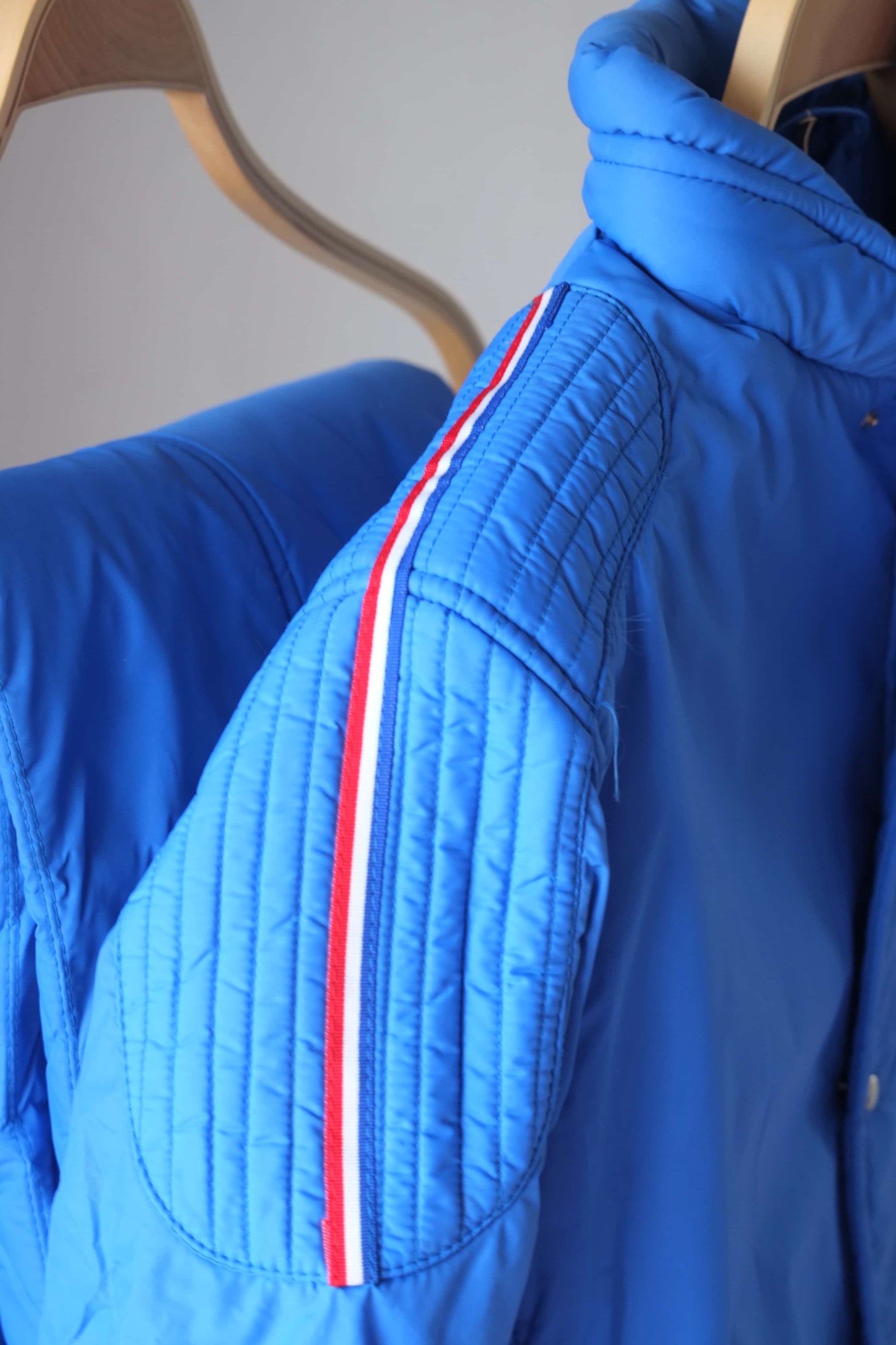 Close up view of blue Vintage Men's 70's Ski Suit