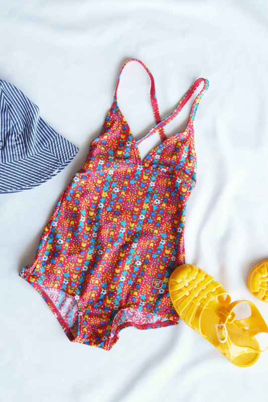 Vintage 70's Flower Pattern Swimsuit red