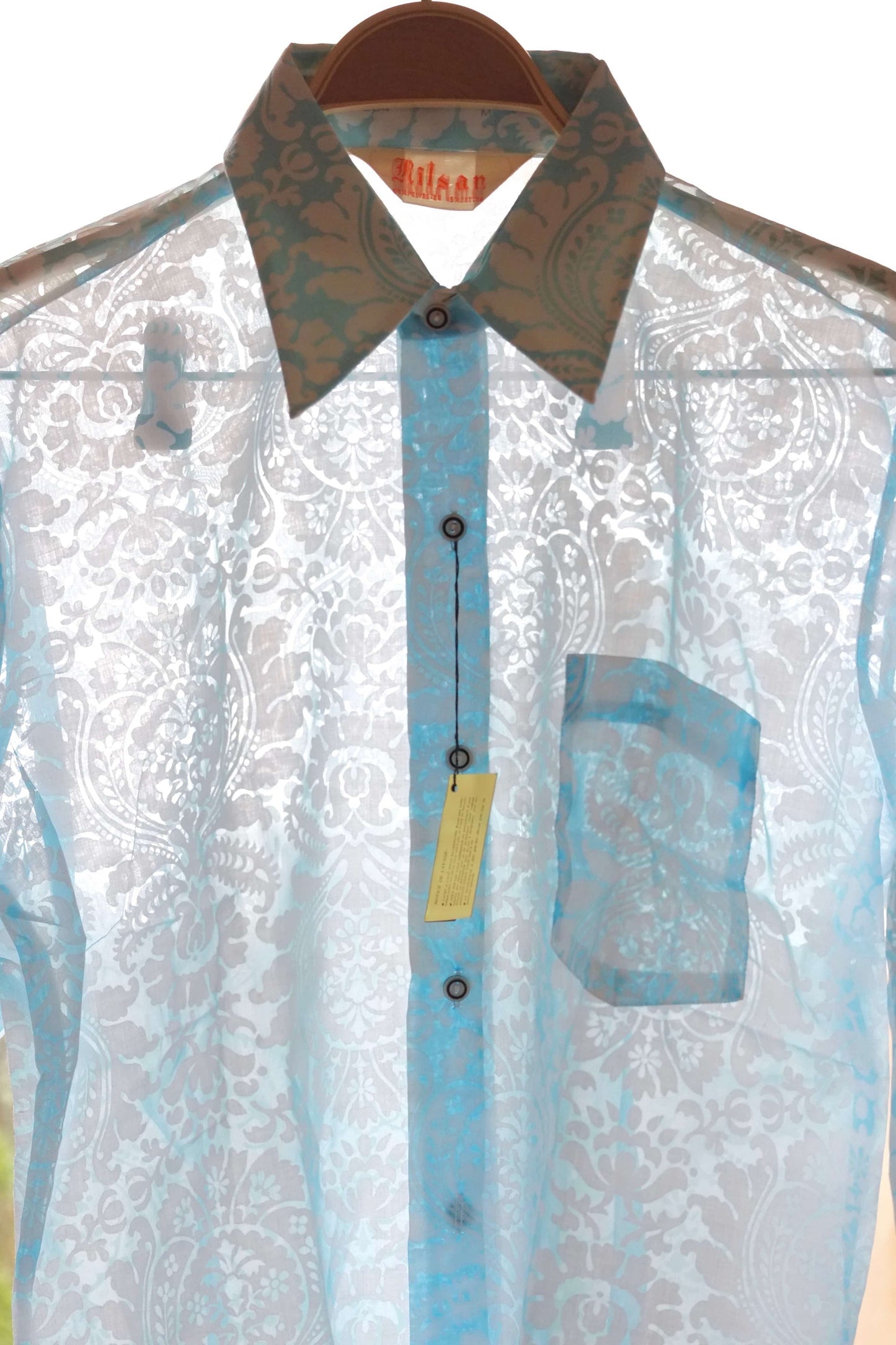 vintage see-through 70s printed shirt blue
