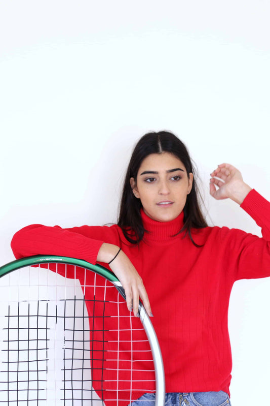 Vintage 70's Turtleneck Sweater red on model