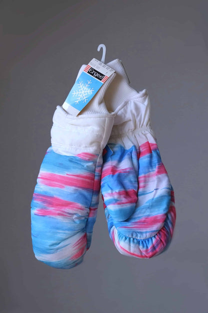 90's Print Ski Mittens white with blue and pink pastel