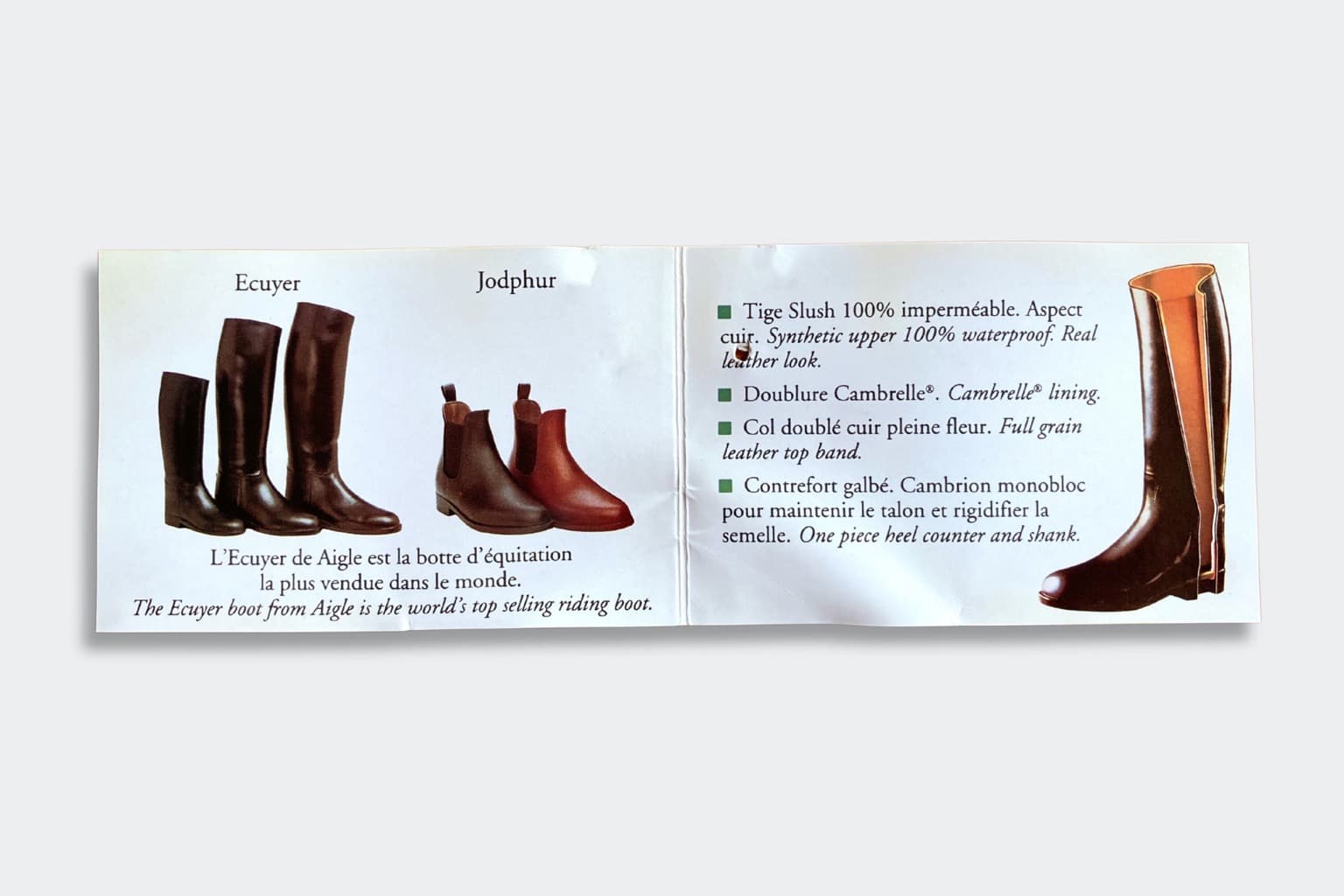 Aigle spec leaflet showcasing the "Ecuyer" tall riding boots and "Jodphur" ankle boots, with listed technical product specifications in French and English.