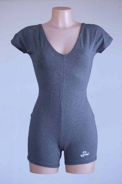 Anniel athletic romper in heather charcoal displayed on mannequin with V-neck and fitted silhouette.