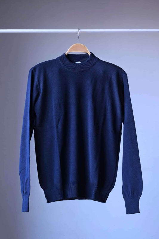 Full view of a single navy vintage Cagi pure wool high-neck sweater on a hanger.