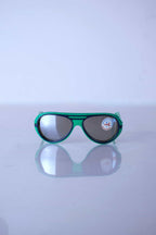 Straight-on front view of green vintage Cébé 80s aviators featuring a double bridge and impact-resistant Antichocs lenses.