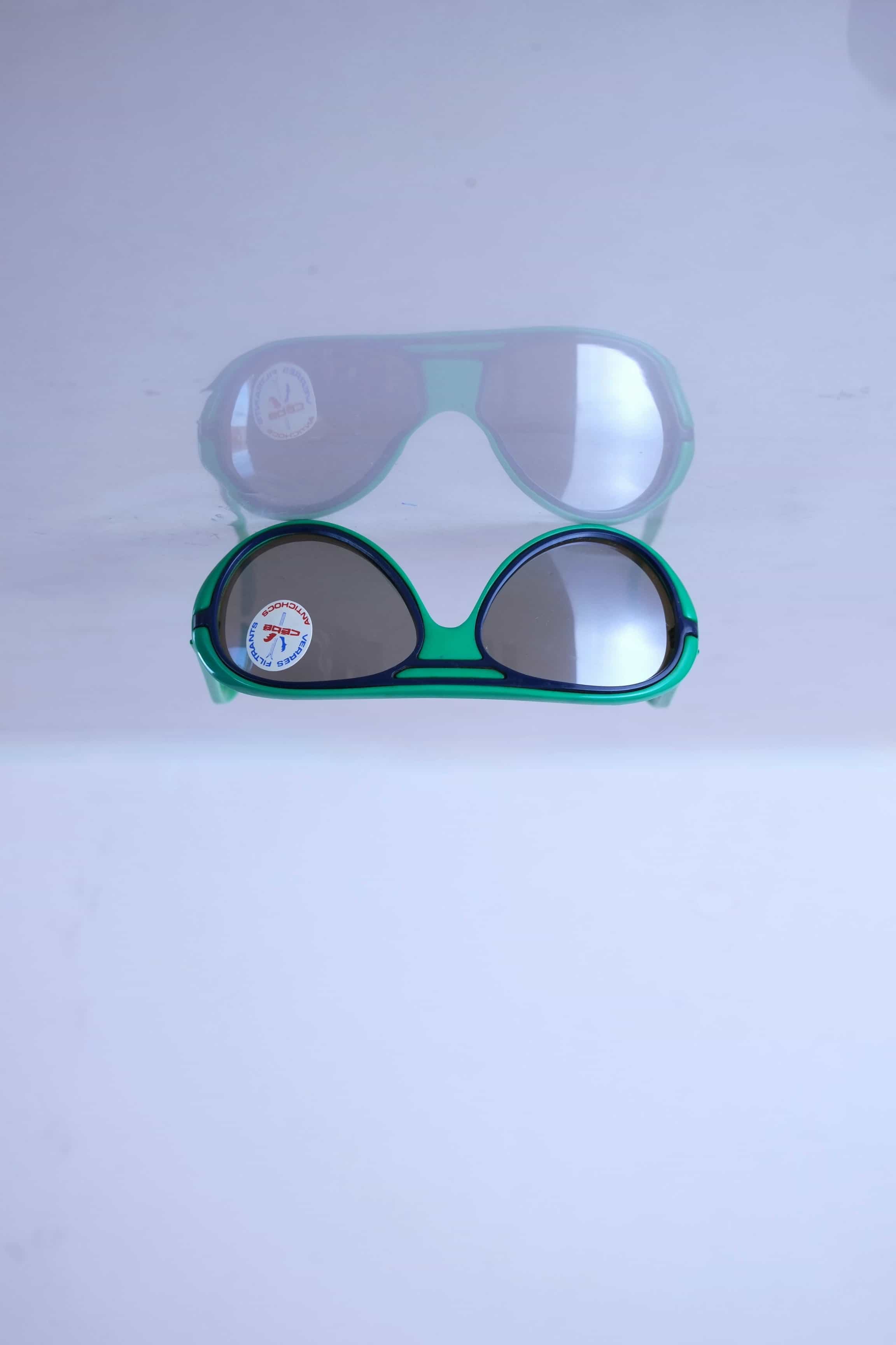 Straight-on front view of green vintage Cébé 80s aviators featuring a double bridge and impact-resistant Antichocs lenses.