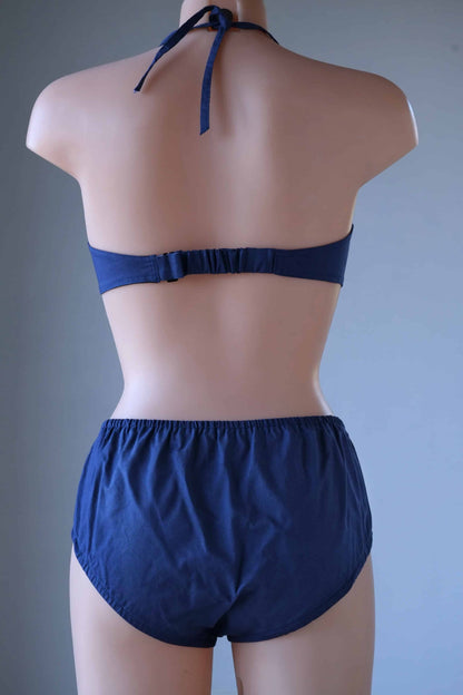 Back view Vintage Solid 60's Bikini in navy worn on mannequin