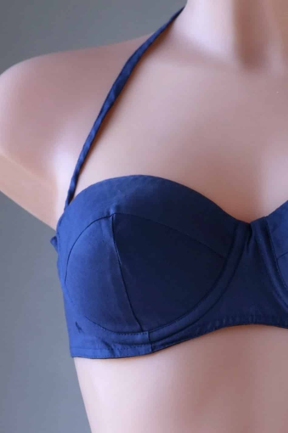 Close view Vintage Solid 60's Bikini in navy worn on mannequin