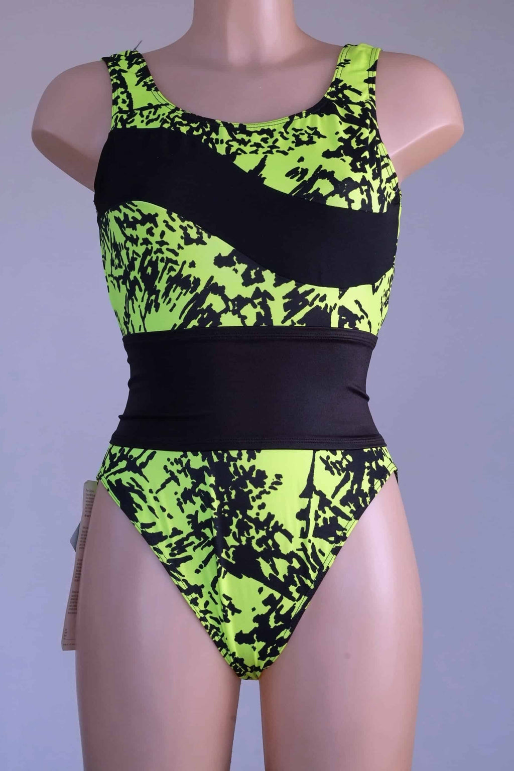 DANSKIN Vintage 90s Leotard – Neon Yellow and Black Print