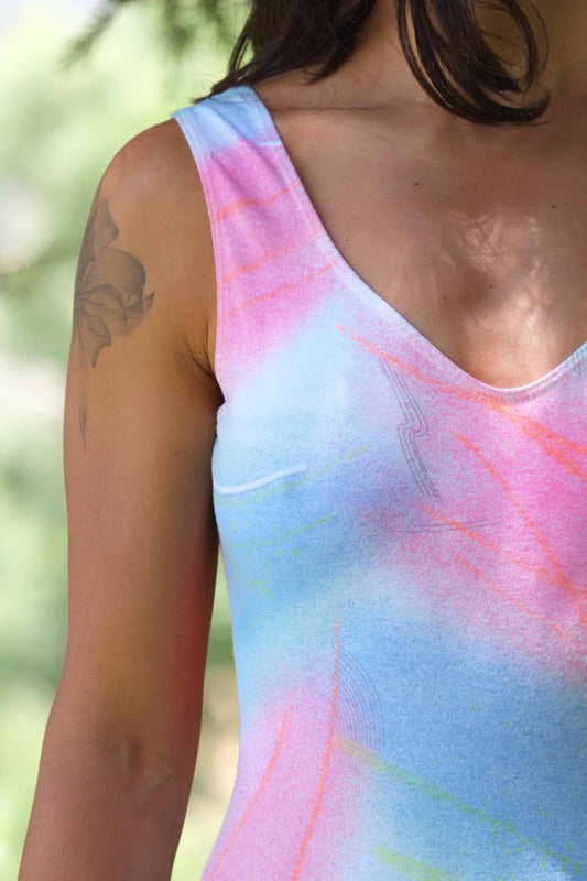 Close-up shot of the shoulder and v-neck of the vintage Danskin leotard.