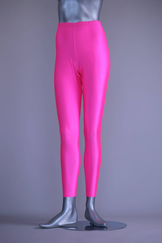 Front view of A mannequin wearing a pair of shiny neon pink vintage 90s Danskin high-waist leggings.