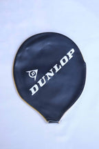 Vintage navy vinyl Dunlop tennis racket zippered head cover with diagonal white branding, shown on a clean white backdrop.